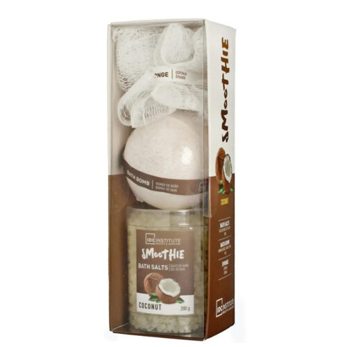 IDC Institute Smoothie Bath Set Coconut - Σετ Σώματος με Άλατα 200gr - Bath Bombs 140gr & Σφουγγάρι